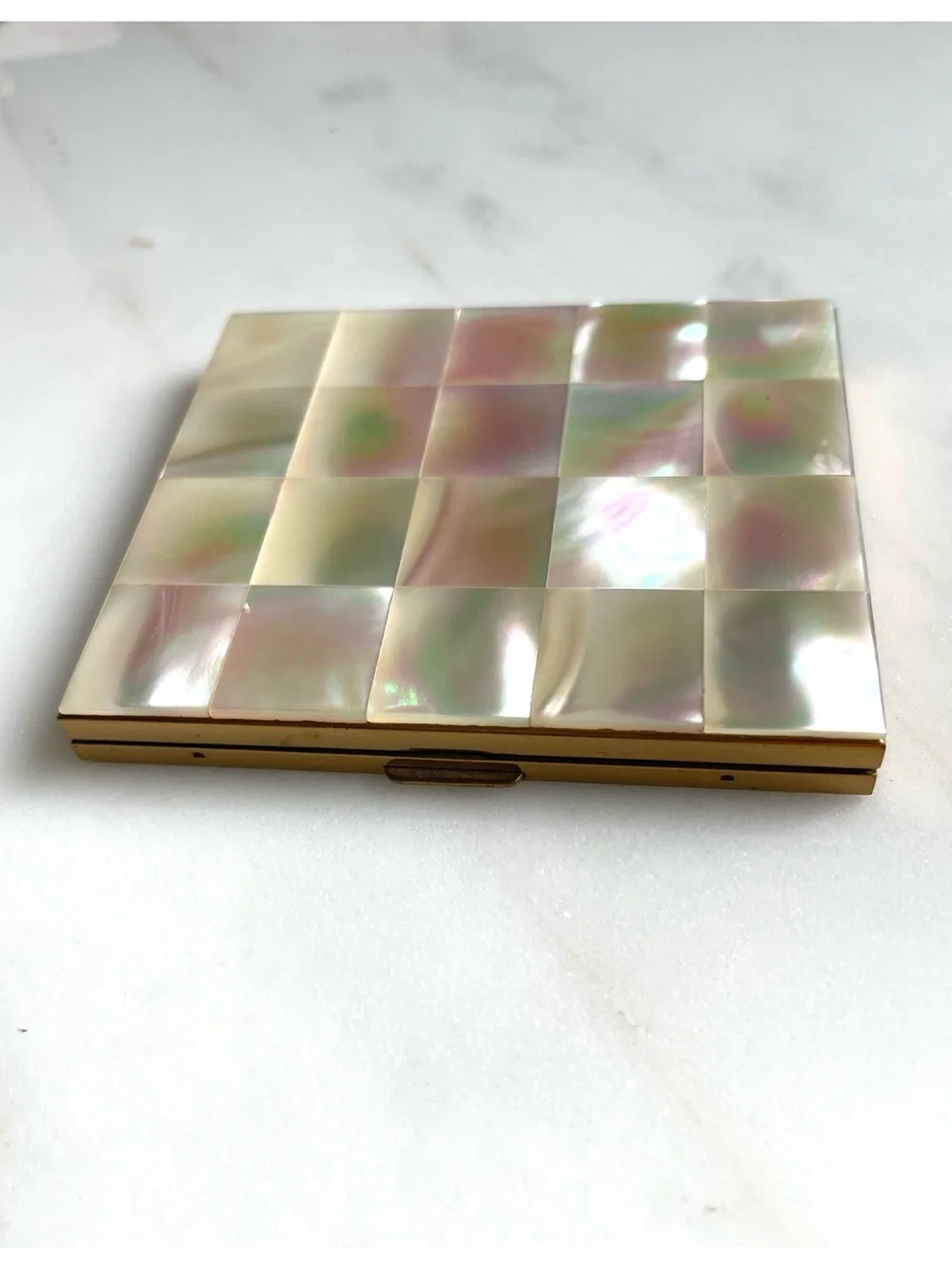 Vintage Iridescent Mother of Pearl checkerboard cosmetic case